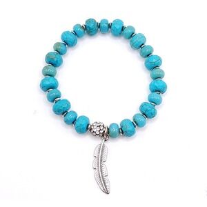 Turquoise Dyed Howlite Stretch Bracelet Silver Feather Charm Boho